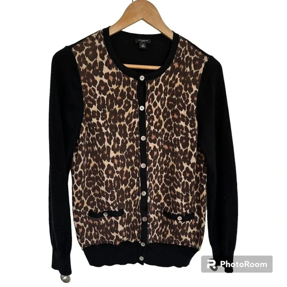 Ann Taylor Petite Cheetah Print Cardigan Sweater Gold Buttons Size LP - Picture 1 of 11